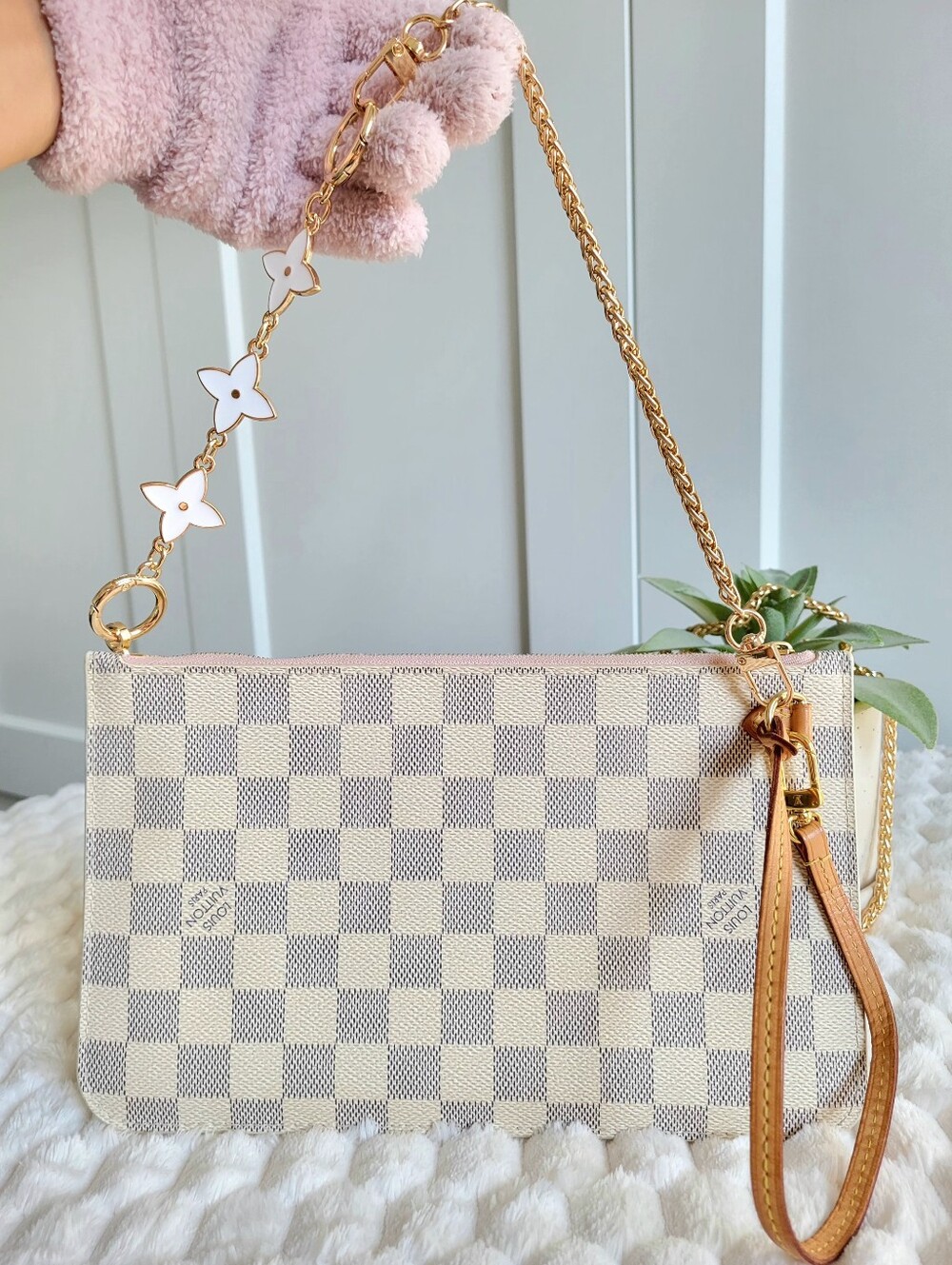 💕 Louis Vuitton Neverfull Mm/Gm Clutch Wristlet Damier Azur Rose Ballerine